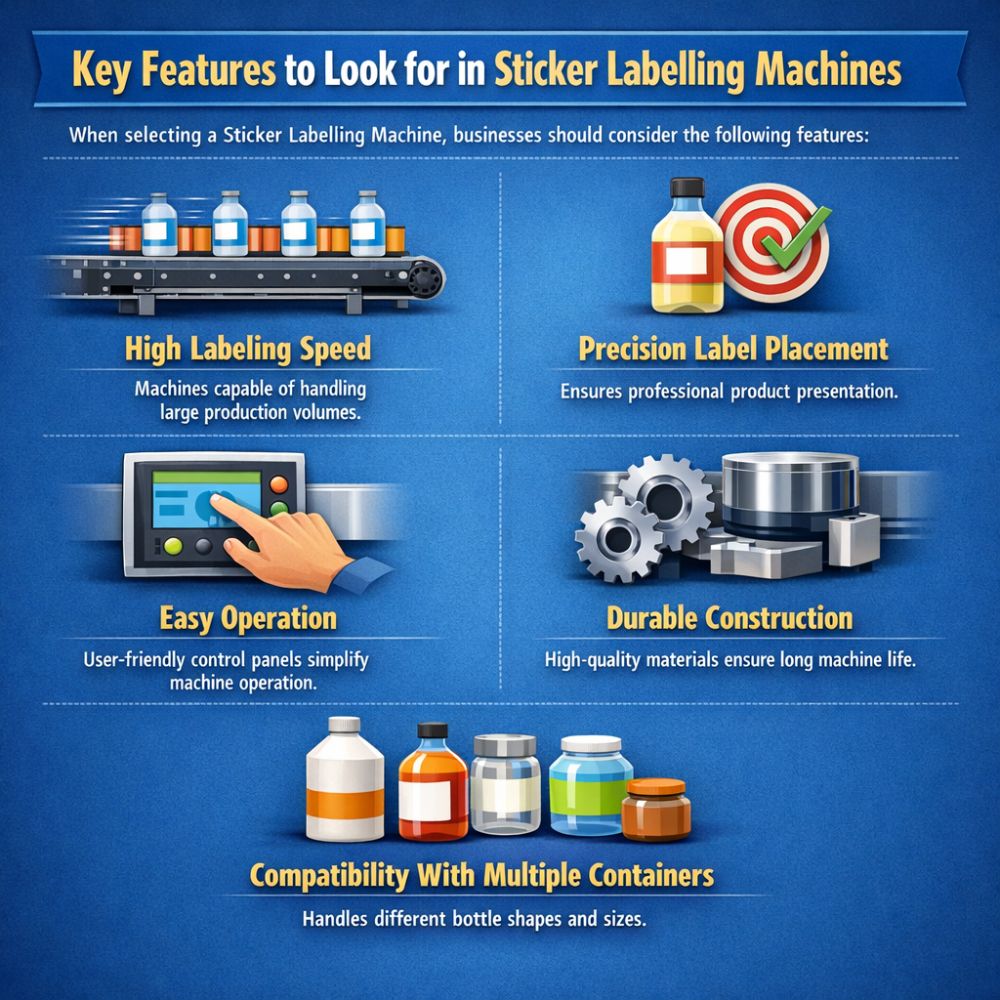 Create the best image with Dimensions: 1000 by 1000 pixels only for "Key Features to Look for in Sticker Labelling Machines" When selecting a Sticker Labeling Machine, businesses should consider the following features: High Labeling Speed Machines capable of handling large production volumes. Precision Label Placement Ensures professional product presentation. Easy Operation User-friendly control panels simplify machine operation. Durable Construction High-quality materials ensure long machine life. Compatibility With Multiple Containers Machines should handle different bottle shapes and sizes.